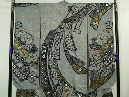 平和屋本店■極上 振袖・長襦袢(無双仕立て・半衿刺繍)・袋帯セット 総絞り 駒刺繍 鬘帯花文 黒地 金彩 京都きもの友禅 逸品 DZAA8162kh5
