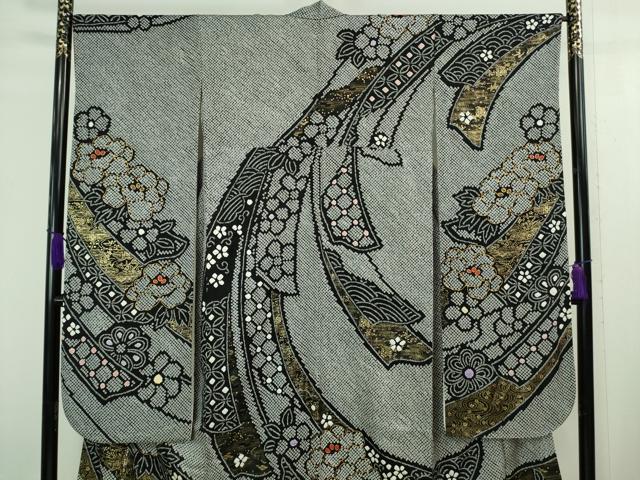 平和屋本店■極上 振袖・長襦袢(無双仕立て・半衿刺繍)・袋帯セット 総絞り 駒刺繍 鬘帯花文 黒地 金彩 京都きもの友禅 逸品 DZAA8162kh5