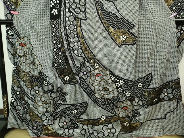 平和屋本店■極上 振袖・長襦袢(無双仕立て・半衿刺繍)・袋帯セット 総絞り 駒刺繍 鬘帯花文 黒地 金彩 京都きもの友禅 逸品 DZAA8162kh5