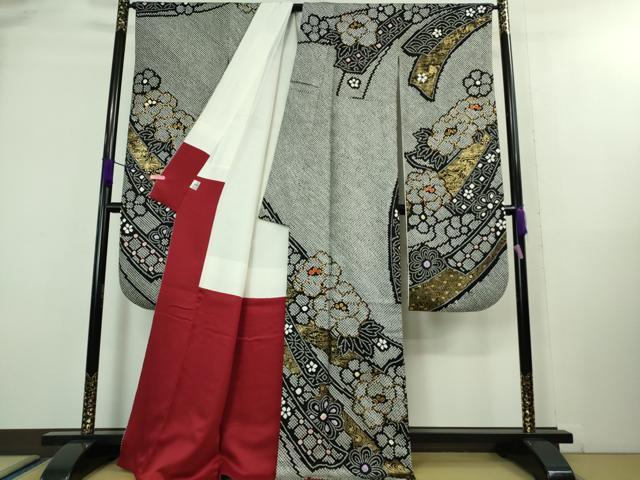 平和屋本店■極上 振袖・長襦袢(無双仕立て・半衿刺繍)・袋帯セット 総絞り 駒刺繍 鬘帯花文 黒地 金彩 京都きもの友禅 逸品 DZAA8162kh5