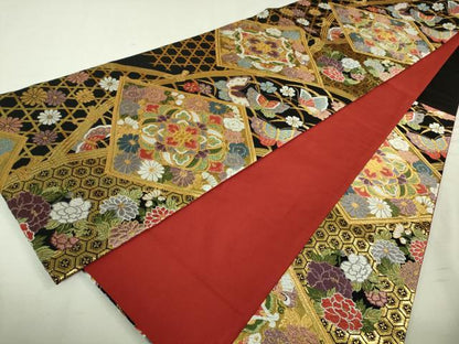 平和屋本店■極上 振袖・長襦袢(無双仕立て・半衿刺繍)・袋帯セット 総絞り 駒刺繍 鬘帯花文 黒地 金彩 京都きもの友禅 逸品 DZAA8162kh5