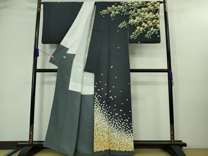 平和屋本店■極上　名門染元　秀美　十日町友禅　龍谷　訪問着　枝桜　花弁　藍鉄色地　暈し染め　逸品　DZAA8196kh5