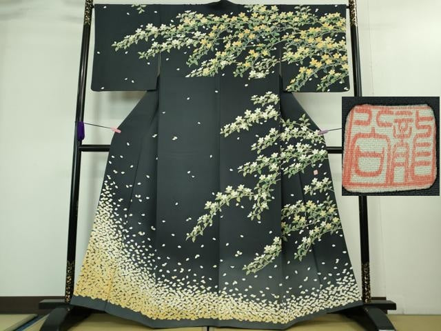 平和屋本店■極上　名門染元　秀美　十日町友禅　龍谷　訪問着　枝桜　花弁　藍鉄色地　暈し染め　逸品　DZAA8196kh5