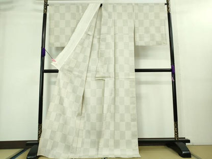 平和屋本店▽極上 本塩沢 単衣 110亀甲 市松文様 ゑり善扱い ロング丈 逸品 未使用 DZAA8198kh5