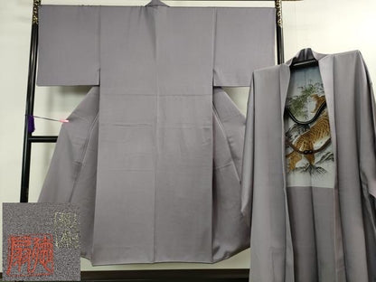 平和屋本店■極上 男性 国際的伝統工芸作家 十二代 藤林徳扇 苑寿 色無地 アンサンブル 羽裏:虎 藤紫色 銀通し地 羽織紐付 逸品DZAA8215kh5