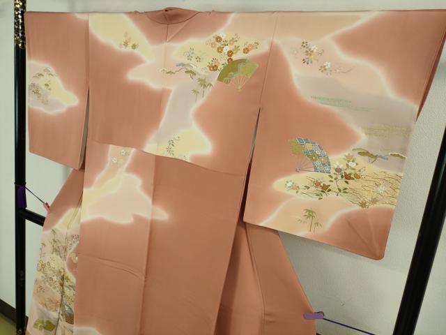 平和屋本店■極上　創業460年・千總　訪問着　扇面吉祥花文　甚三紅色地　暈し染め　金彩　逸品　DZAA8218kh5