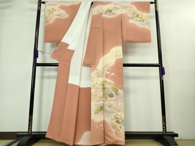 平和屋本店■極上　創業460年・千總　訪問着　扇面吉祥花文　甚三紅色地　暈し染め　金彩　逸品　DZAA8218kh5
