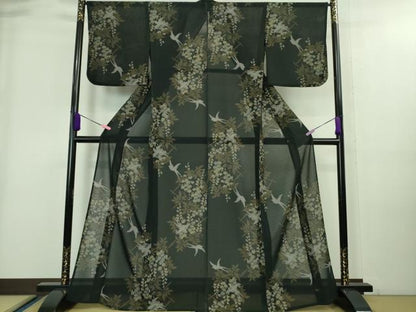 平和屋着物∴極上 夏物 撫松庵 小紋・浴衣兼用 絽縮緬 燕 藤花房 黒地 洗える着物 逸品 DZAA8220kh5