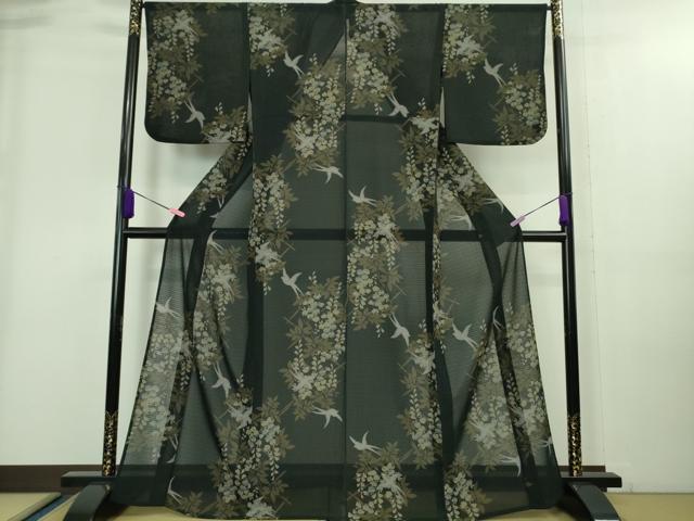 平和屋着物∴極上 夏物 撫松庵 小紋・浴衣兼用 絽縮緬 燕 藤花房 黒地 洗える着物 逸品 DZAA8220kh5