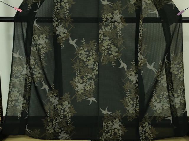 平和屋着物∴極上 夏物 撫松庵 小紋・浴衣兼用 絽縮緬 燕 藤花房 黒地 洗える着物 逸品 DZAA8220kh5