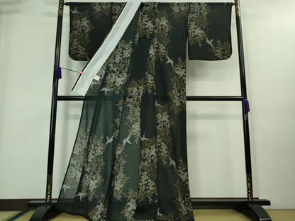 平和屋着物∴極上 夏物 撫松庵 小紋・浴衣兼用 絽縮緬 燕 藤花房 黒地 洗える着物 逸品 DZAA8220kh5