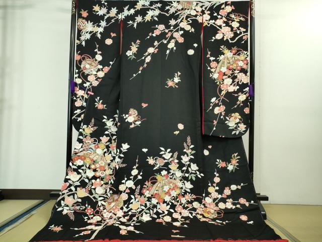 平和屋本店●極上 お引きずり・お引き摺り・引き振袖 和装 結婚式 舞妓 芸妓 芸者 糸車 花笠 宝尽くし 黒地 金彩 逸品 未使用　DZAA8223kh5