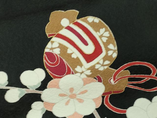 平和屋本店●極上 お引きずり・お引き摺り・引き振袖 和装 結婚式 舞妓 芸妓 芸者 糸車 花笠 宝尽くし 黒地 金彩 逸品 未使用　DZAA8223kh5