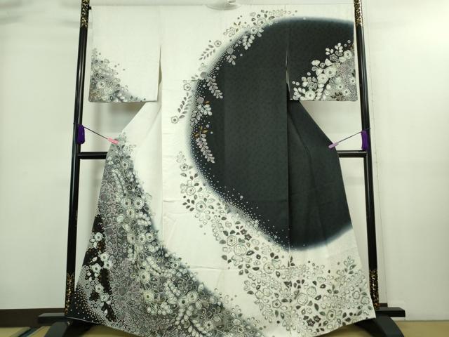 平和屋着物●極上 訪問着 辻が花 暈し染め 白×黒 金彩 逸品 未使用 DZAA8229kh5