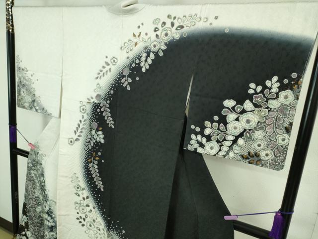平和屋着物●極上 訪問着 辻が花 暈し染め 白×黒 金彩 逸品 未使用 DZAA8229kh5