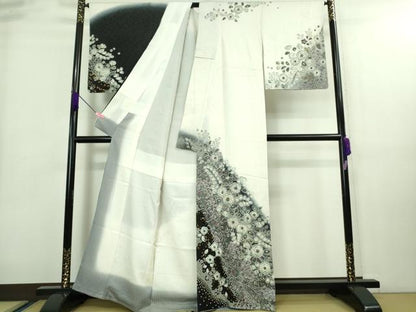平和屋着物●極上 訪問着 辻が花 暈し染め 白×黒 金彩 逸品 未使用 DZAA8229kh5