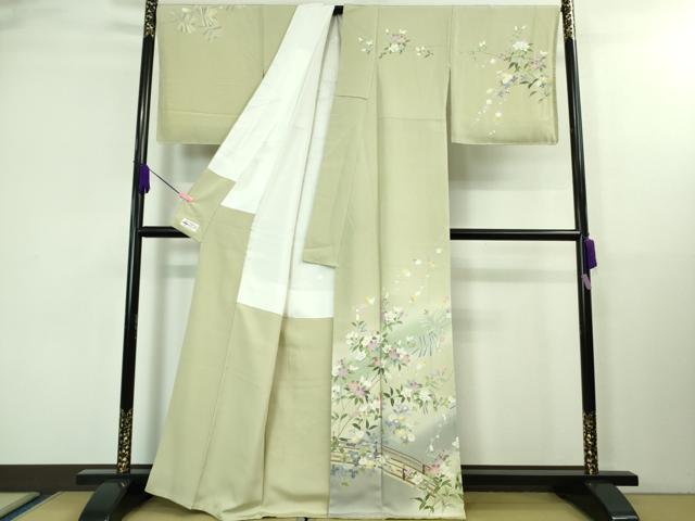平和屋本店■極上　京加賀友禅　松本健一　訪問着　渡橋笹松花文　柳鼠色地　暈し染め　やまと誂製　逸品　未使用　DZAA8235kh5