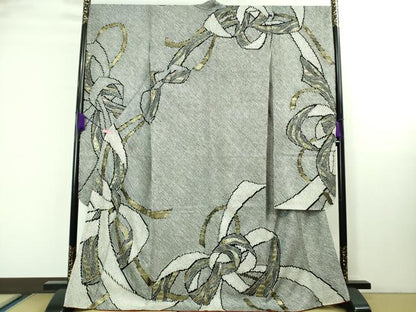 平和屋着物●極上　振袖　総絞り　結び紐文　黒地　金彩　逸品　DZAA8245kh5