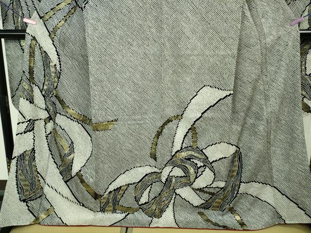 平和屋着物●極上　振袖　総絞り　結び紐文　黒地　金彩　逸品　DZAA8245kh5