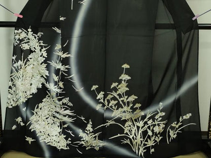 平和屋本店■極上　夏物　訪問着　絽　総刺繍　枝菊　秋草文　黒地　暈し染め　金糸　逸品　未使用　DZAA8248kh5