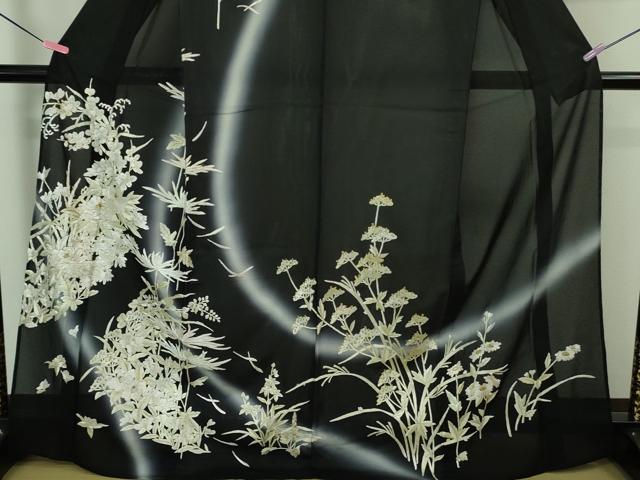平和屋本店■極上　夏物　訪問着　絽　総刺繍　枝菊　秋草文　黒地　暈し染め　金糸　逸品　未使用　DZAA8248kh5