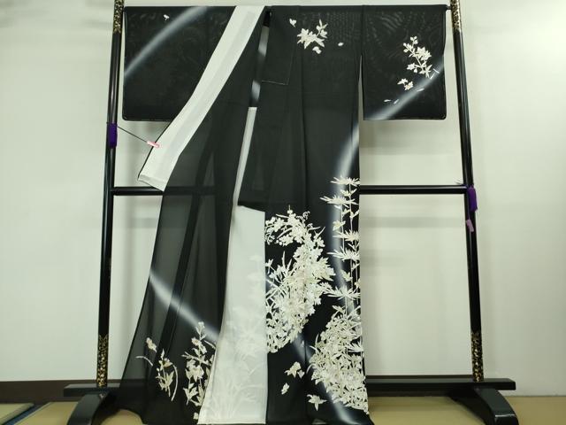 平和屋本店■極上　夏物　訪問着　絽　総刺繍　枝菊　秋草文　黒地　暈し染め　金糸　逸品　未使用　DZAA8248kh5