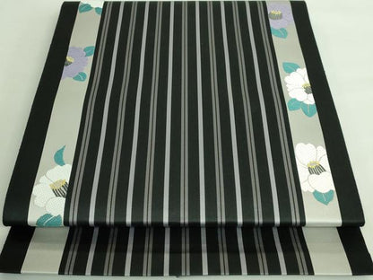 平和屋着物●極上 本場筑前博多織 八寸名古屋帯 椿間道 黒地 逸品 DZAA8260kh5