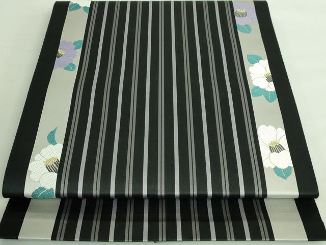 平和屋着物●極上 本場筑前博多織 八寸名古屋帯 椿間道 黒地 逸品 DZAA8260kh5