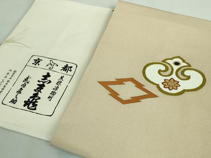 平和屋本店■極上　銀座　志ま亀　九寸名古屋帯　松皮菱　白茶色地　鬼しぼ縮緬　金彩　伊と幸　たとう紙付き　逸品　DZAA8284kh5