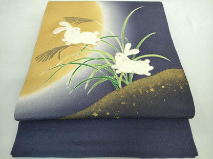平和屋着物■極上　人形作家・ホリヒロシ　九寸開き名古屋帯　押絵　縮緬細工　十五夜　兎　うさぎ　鬼しぼ縮緬　金彩　逸品　DZAA8288kh5