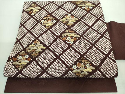 平和屋着物●極上 工芸染織宮下 九寸名古屋帯 刺繍 絞り 松花菱文 紫紺色地 金糸 たとう紙付き 逸品 DZAA8291kh5