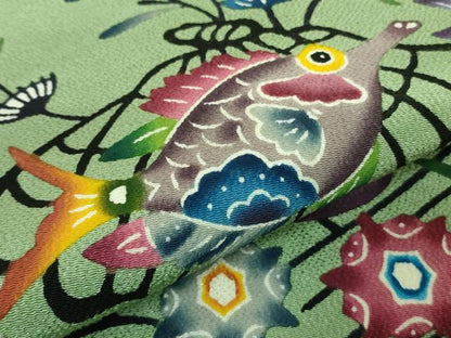 平和屋本店■最高級　城間栄順　本場琉球紅型　つけ帯　魚　貝殻　山葵色地　鬼しぼ縮緬　逸品　未使用　DZAA8326kh5