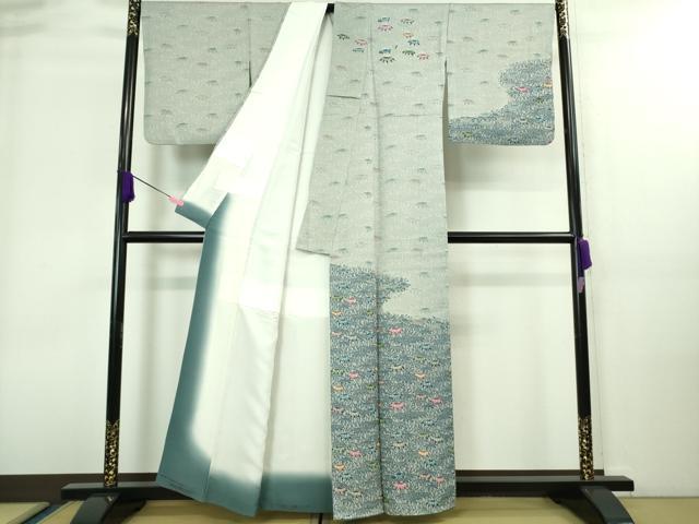 平和屋本店■最高級　城間栄順　本場琉球紅型　訪問着　笹　灰青色地　逸品　DZAA8332kh5