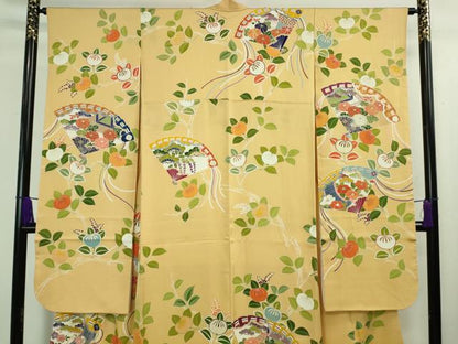 平和屋本店■極上　創業460年・千總　振袖　駒刺繍　檜扇橘花文　卵色地　金彩　逸品　DZAA8334kh5
