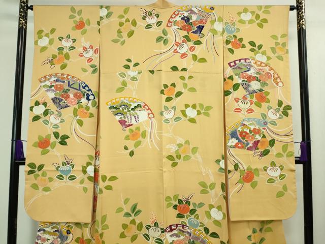 平和屋本店■極上　創業460年・千總　振袖　駒刺繍　檜扇橘花文　卵色地　金彩　逸品　DZAA8334kh5