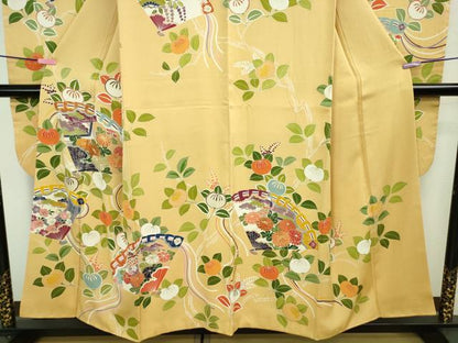 平和屋本店■極上　創業460年・千總　振袖　駒刺繍　檜扇橘花文　卵色地　金彩　逸品　DZAA8334kh5