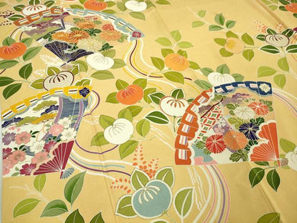 平和屋本店■極上　創業460年・千總　振袖　駒刺繍　檜扇橘花文　卵色地　金彩　逸品　DZAA8334kh5