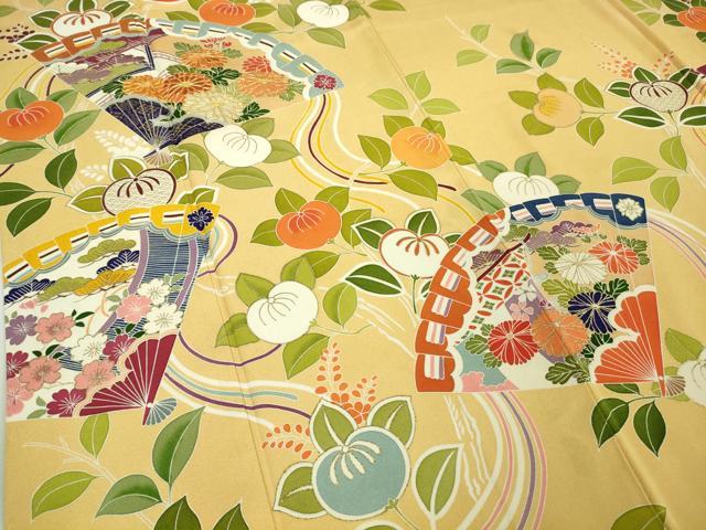 平和屋本店■極上　創業460年・千總　振袖　駒刺繍　檜扇橘花文　卵色地　金彩　逸品　DZAA8334kh5
