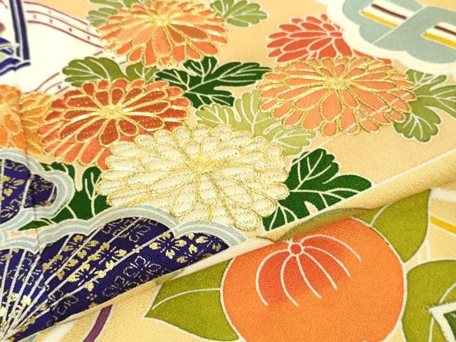 平和屋本店■極上　創業460年・千總　振袖　駒刺繍　檜扇橘花文　卵色地　金彩　逸品　DZAA8334kh5