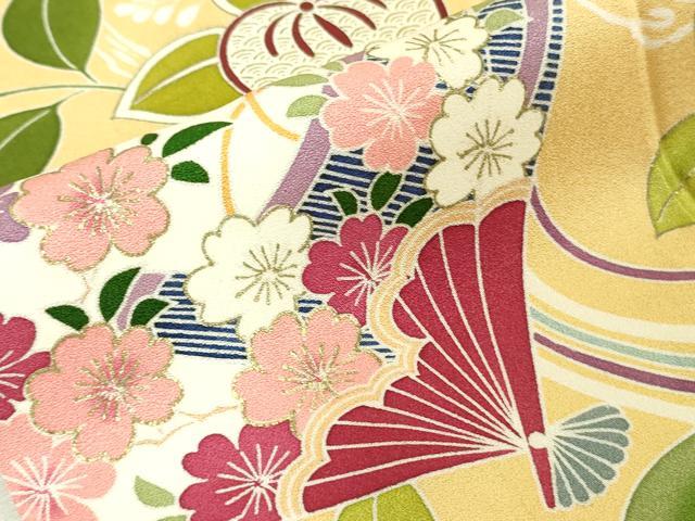 平和屋本店■極上　創業460年・千總　振袖　駒刺繍　檜扇橘花文　卵色地　金彩　逸品　DZAA8334kh5