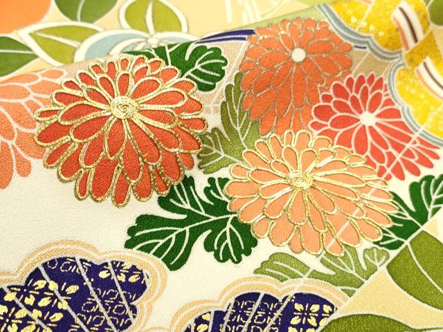 平和屋本店■極上　創業460年・千總　振袖　駒刺繍　檜扇橘花文　卵色地　金彩　逸品　DZAA8334kh5