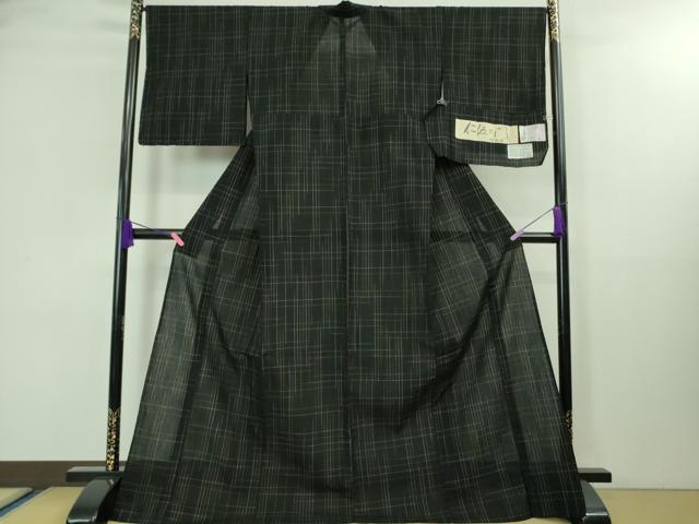 平和屋着物∴極上 夏物 浴衣 仁伍エ門 綿麻縮 ロング丈 黒地 小千谷織物 吉新織物謹製 証紙付き 逸品 未使用 DZAA8354kh5