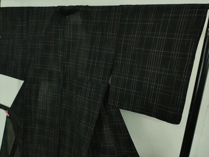 平和屋着物∴極上 夏物 浴衣 仁伍エ門 綿麻縮 ロング丈 黒地 小千谷織物 吉新織物謹製 証紙付き 逸品 未使用 DZAA8354kh5
