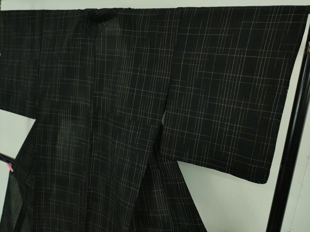 平和屋着物∴極上 夏物 浴衣 仁伍エ門 綿麻縮 ロング丈 黒地 小千谷織物 吉新織物謹製 証紙付き 逸品 未使用 DZAA8354kh5