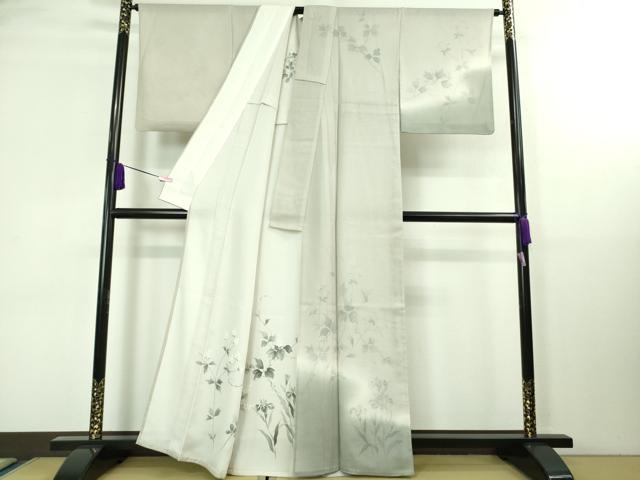 平和屋本店▽極上 訪問着 無双 紗袷 紗×絽 手描き 枝花文 灰梅色地 逸品 DZAA8376kh5