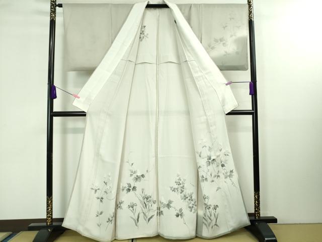 平和屋本店▽極上 訪問着 無双 紗袷 紗×絽 手描き 枝花文 灰梅色地 逸品 DZAA8376kh5