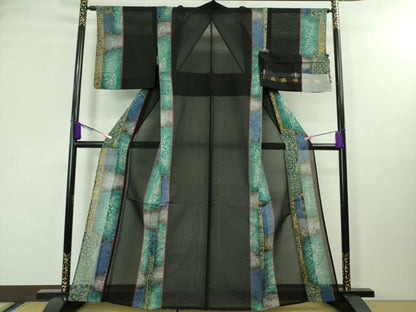平和屋本店■希少　夏物　前田仁仙　仁仙更紗　本場縞大島紬　夏大島　更紗間道　黒地　反端付き　逸品　DZAA8380kh5