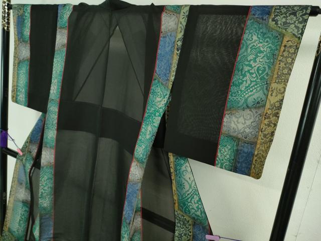 平和屋本店■希少　夏物　前田仁仙　仁仙更紗　本場縞大島紬　夏大島　更紗間道　黒地　反端付き　逸品　DZAA8380kh5
