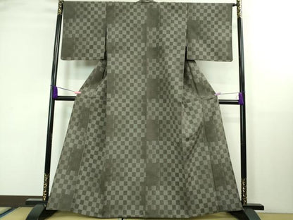 平和屋着物▽極上 本塩沢 単衣 変わり市松 海松茶色地 逸品 DZAA8389kh5
