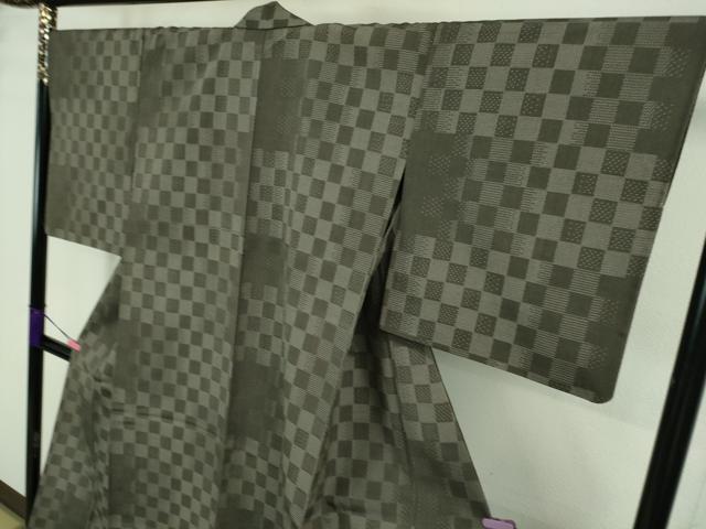 平和屋着物▽極上 本塩沢 単衣 変わり市松 海松茶色地 逸品 DZAA8389kh5